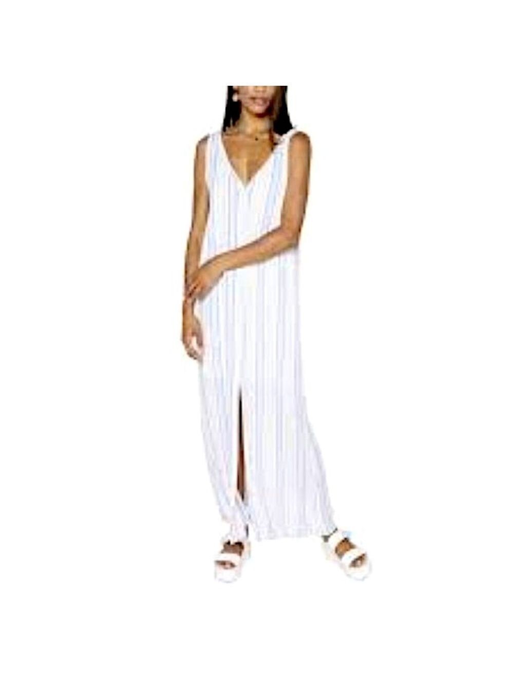Sadie & Sage High Tide Costal Button Down Maxi Dress White Blue Tan Stripes Sz S